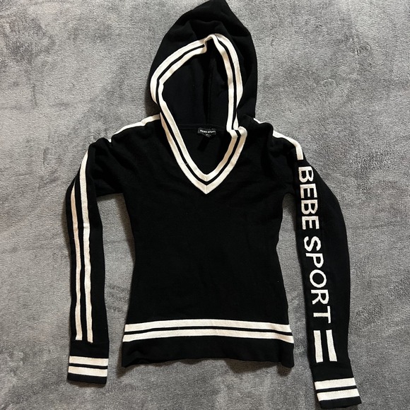 bebe Tops - Vintage Bebe Sport Hoodie Women's Small Black V Neck Pullover Sweatshirt LogoY2K